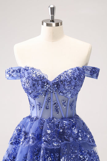 Sparkly A Line Off the Shoulder Dark Blue Corset Graduation Dress with Ruffles