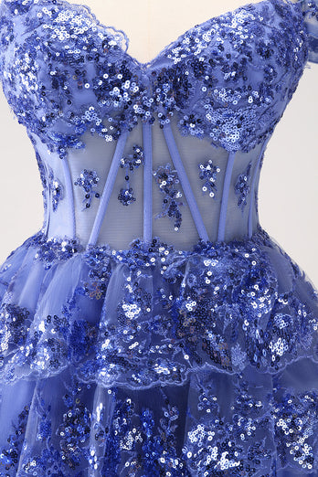 Sparkly A Line Off the Shoulder Dark Blue Corset Graduation Dress with Ruffles