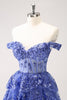 Load image into Gallery viewer, Sparkly A Line Off the Shoulder Dark Blue Corset Graduation Dress with Ruffles