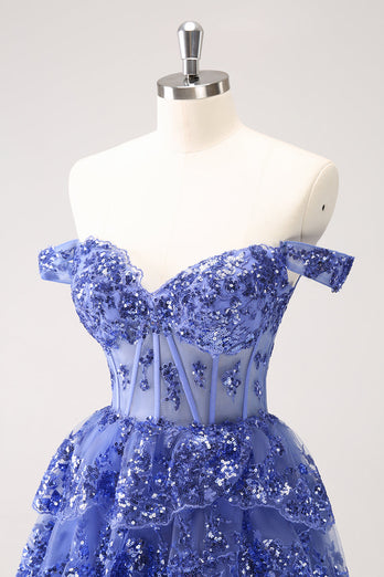 Sparkly A Line Off the Shoulder Dark Blue Corset Graduation Dress with Ruffles