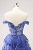 Load image into Gallery viewer, Sparkly A Line Off the Shoulder Dark Blue Corset Graduation Dress with Ruffles