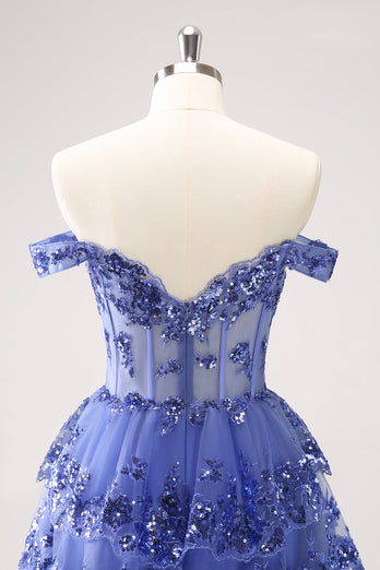 Sparkly A Line Off the Shoulder Dark Blue Corset Graduation Dress with Ruffles