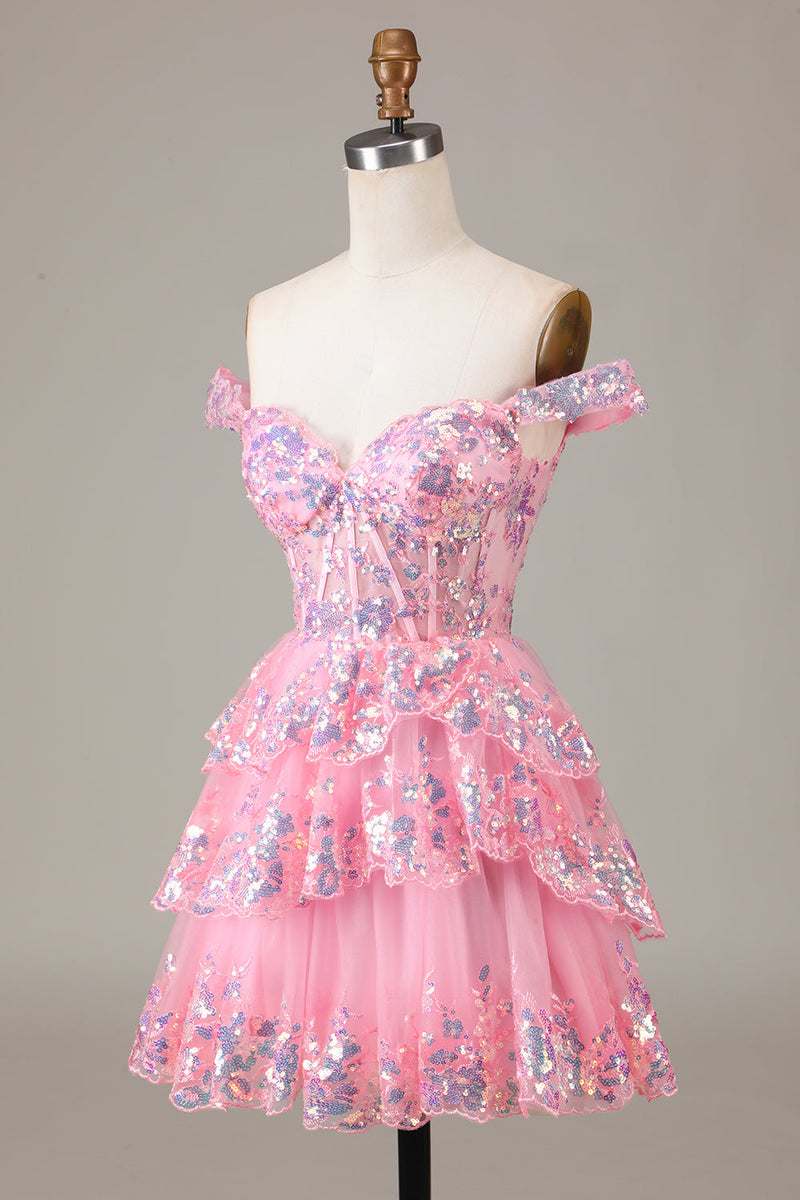 Load image into Gallery viewer, Cute Sparkly Hot Pink A Line Tiered Corset Lace Short Graduation Dress