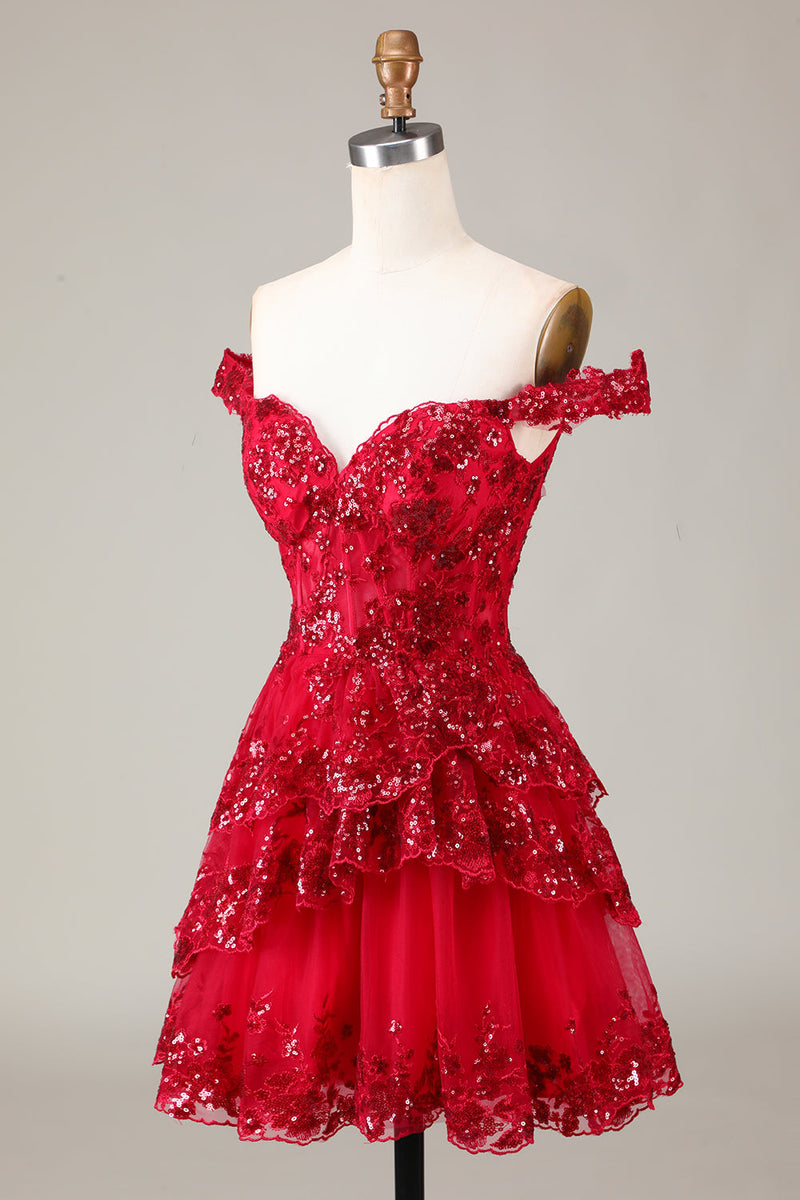 Load image into Gallery viewer, Cute Sparkly Hot Pink A Line Tiered Corset Lace Short Graduation Dress