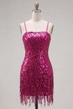 Sparkly Fuchsia Bodycon Spaghetti Straps Sequin Cocktail Dress with Fringes