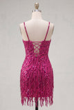 Sparkly Fuchsia Bodycon Spaghetti Straps Sequin Cocktail Dress with Fringes