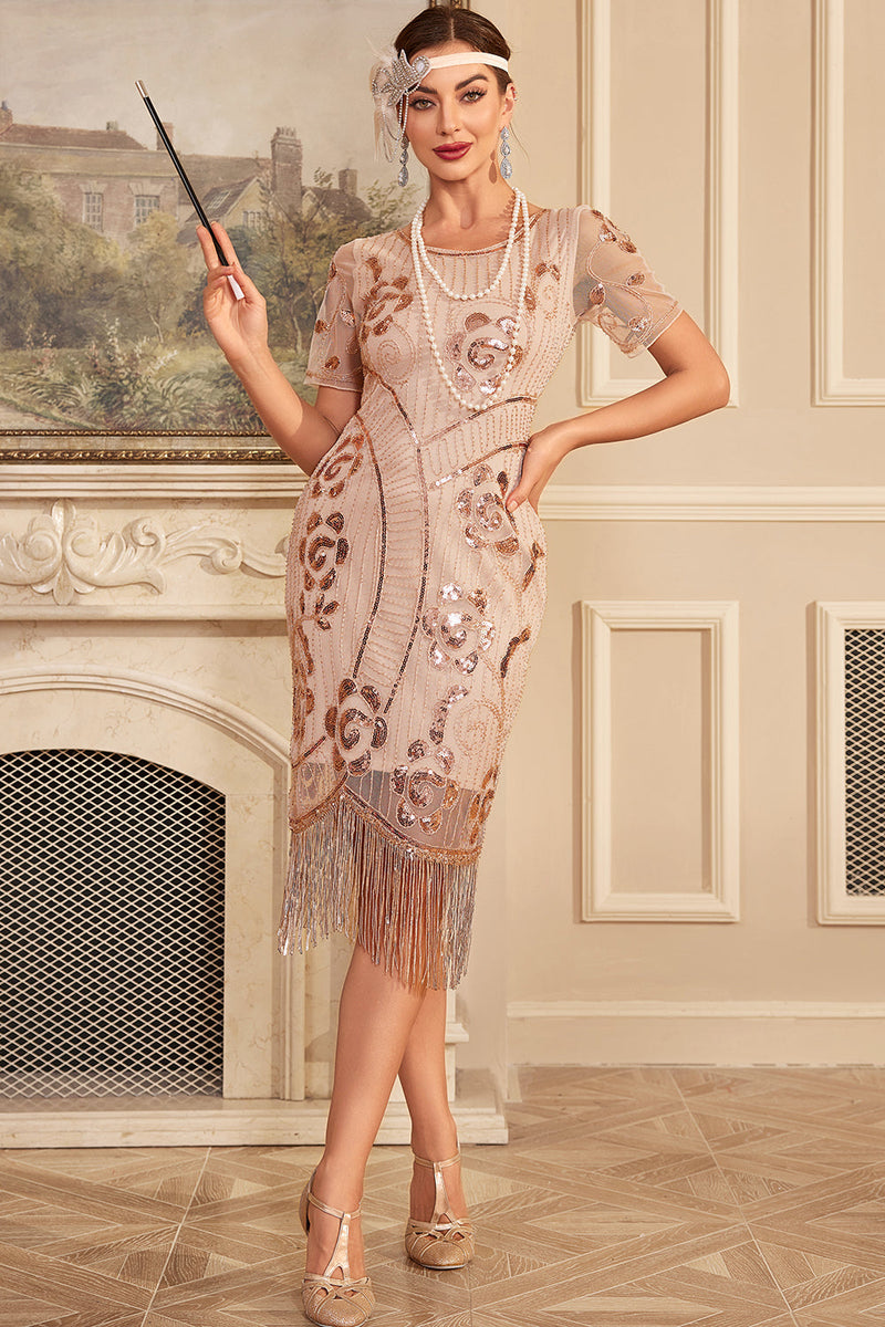 Load image into Gallery viewer, Sparkly Blush Fringed 1920s Flapper Dress