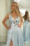 Sparkly A-Line V-Neck Silver Prom Dress with Slit