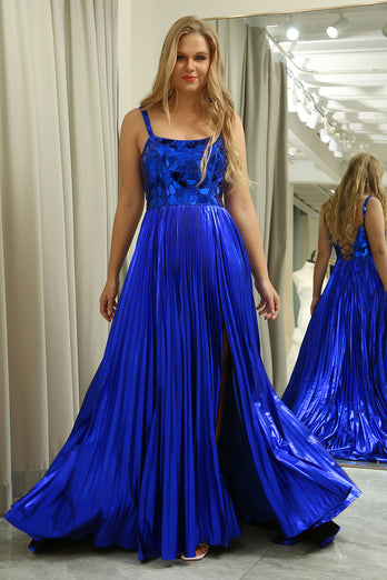 Sparkly Lace-Up Back Royal Blue Prom Dress with Slit