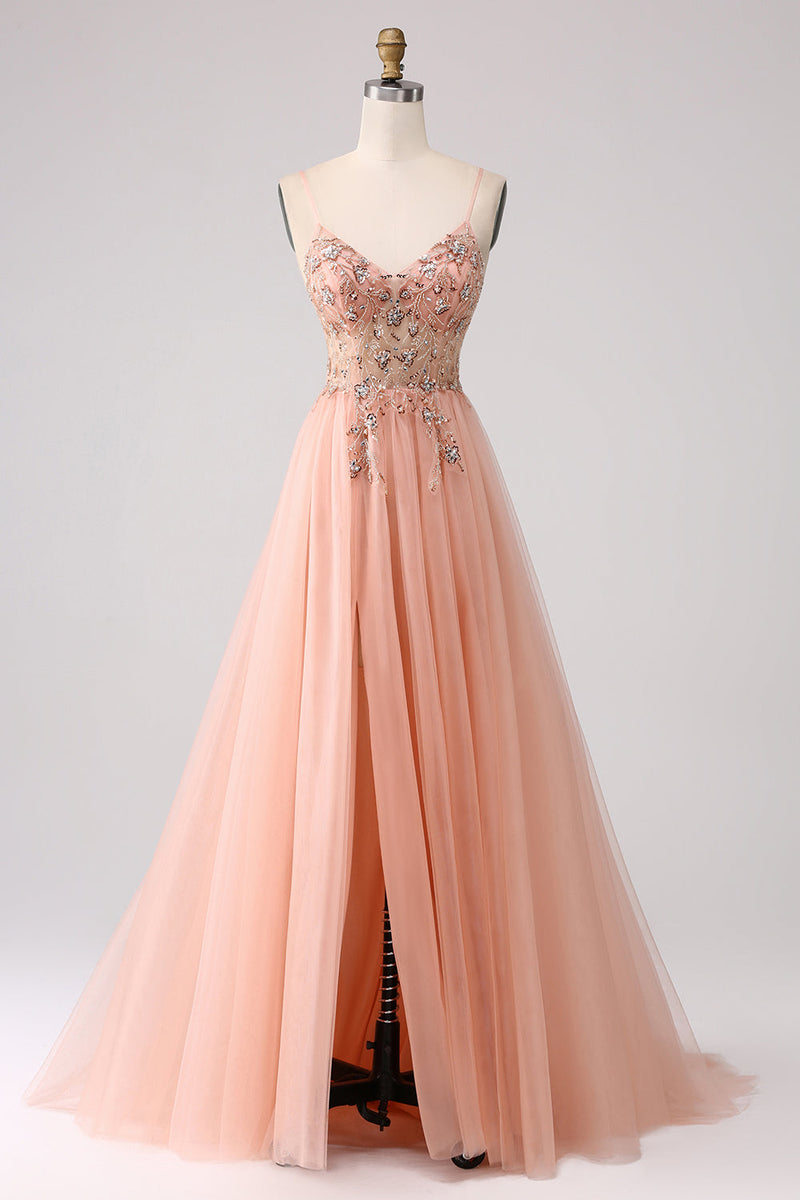 Load image into Gallery viewer, Sparkly Blush A Line Sequins Spaghetti Straps Long Prom Dress With Slit