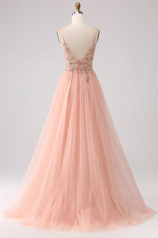 Sparkly Blush A Line Sequins Spaghetti Straps Long Prom Dress With Slit
