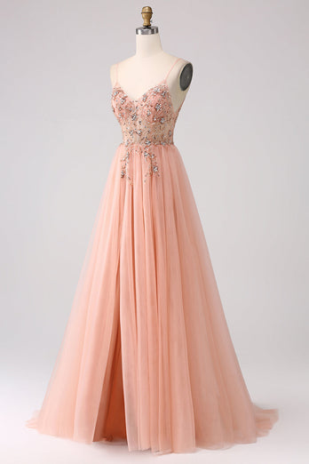 Sparkly Blush A Line Sequins Spaghetti Straps Long Prom Dress With Slit