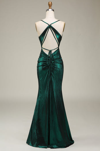 Dark Green Mermaid Spaghetti Straps Long Prom Dress with Open Back