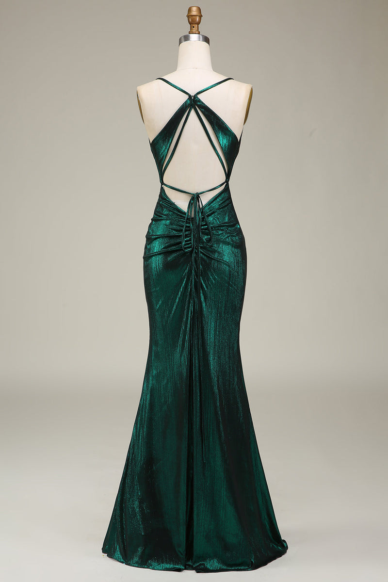 Load image into Gallery viewer, Dark Green Mermaid Spaghetti Straps Long Prom Dress with Open Back