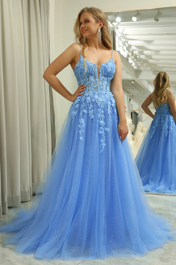A-Line Spaghetti Straps Blue Tulle Prom Dress With Appliques
