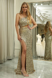 Golden One Shoulder Fringe Sequin Prom Dress With Slit