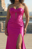 Fuchsia Strapless Satin Mermaid Corset Long PLus Size Prom Dress with Slit