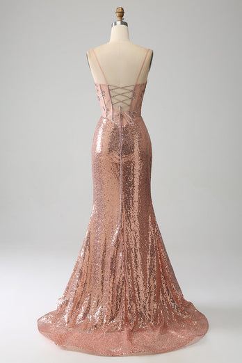 Mermaid Rose Gold Beaded Ruched Sequin Corset Prom Dress with Side Slit