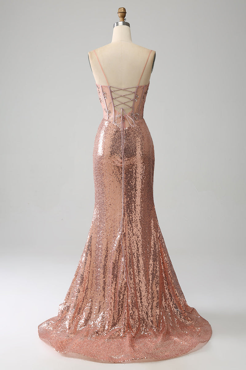 Load image into Gallery viewer, Mermaid Rose Gold Beaded Ruched Sequin Corset Prom Dress with Side Slit