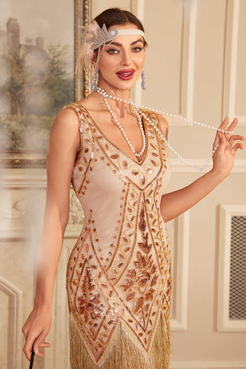 Sparkly Apricot Gatsby 1920s Dress with Sequins and Fringes