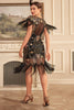 Load image into Gallery viewer, Black Golden Sheath 1920s Great Gatsby Sequin Fringe Flapper Dress with Sleeve