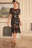 Load image into Gallery viewer, Black Golden Sheath 1920s Great Gatsby Sequin Fringe Flapper Dress with Sleeve