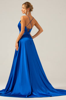 Spaghetti Straps Royal Blue A Line Satin Prom Dress with Slit