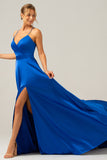 Spaghetti Straps Royal Blue A Line Satin Prom Dress with Slit