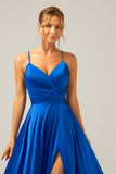 Spaghetti Straps Royal Blue A Line Satin Prom Dress with Slit