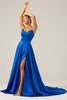 Load image into Gallery viewer, Spaghetti Straps Royal Blue A Line Satin Prom Dress with Slit