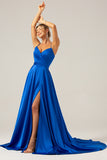 Spaghetti Straps Royal Blue A Line Satin Prom Dress with Slit
