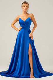 Spaghetti Straps Royal Blue A Line Satin Prom Dress with Slit