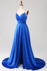 Load image into Gallery viewer, Royal Blue A Line Spaghetti Straps Satin Prom Dress with Slit