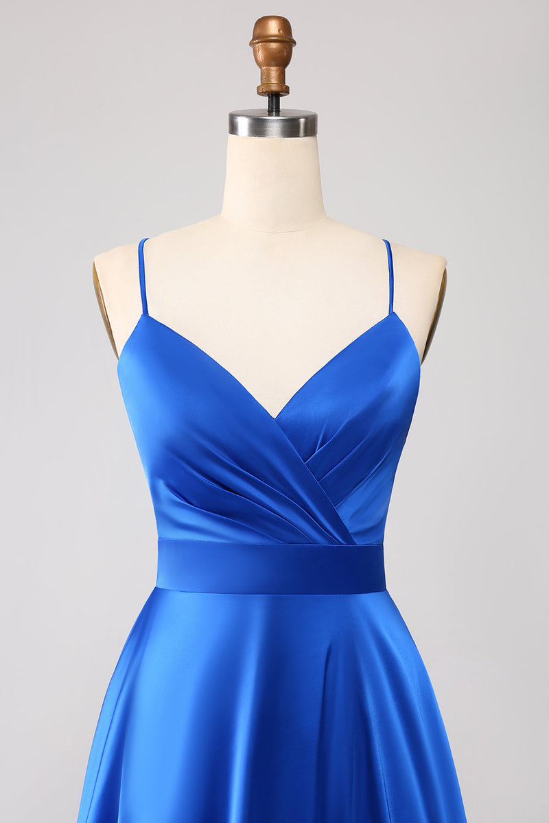 Load image into Gallery viewer, Royal Blue A Line Spaghetti Straps Satin Prom Dress with Slit