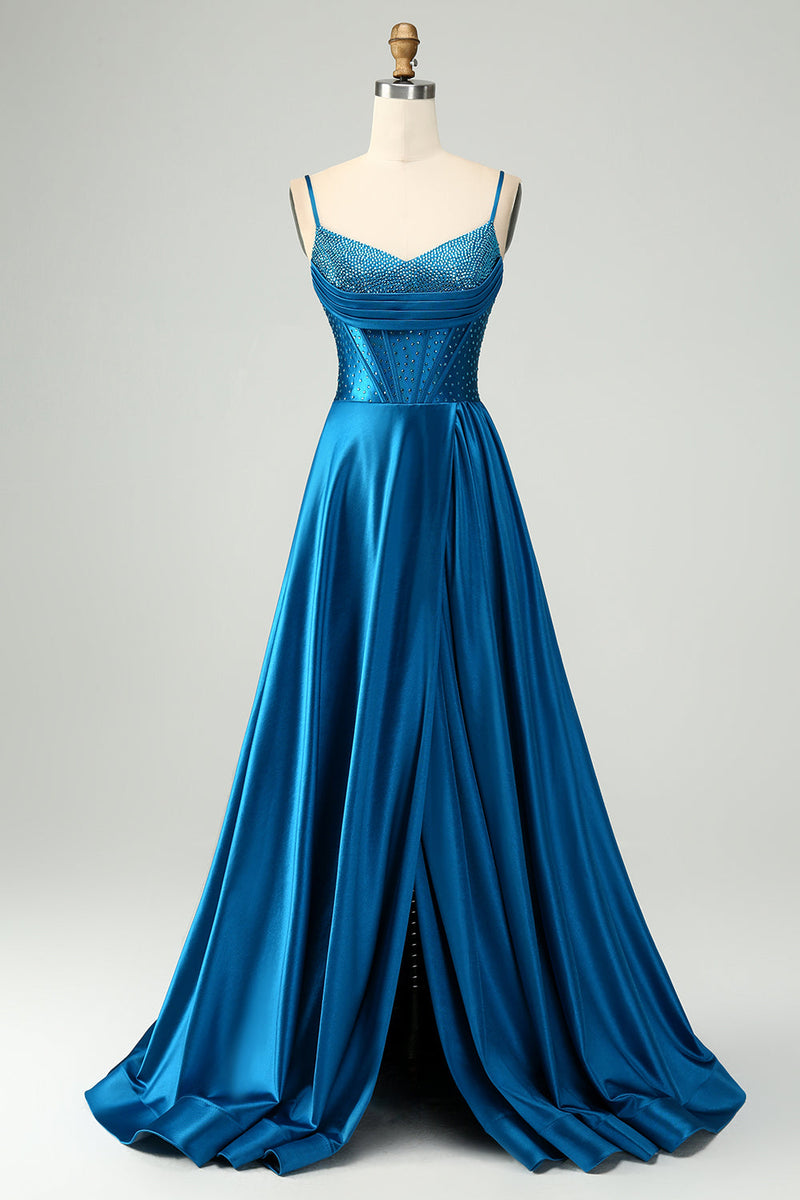 Load image into Gallery viewer, Sparkly Dark Blue A Line Pleated Corset Beaded Long Prom Dress With Slit