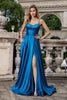 Load image into Gallery viewer, Sparkly Dark Blue A Line Corset Beaded Long Prom Dress With Slit