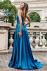 Load image into Gallery viewer, Sparkly Dark Blue A Line Pleated Corset Beaded Long Prom Dress With Slit