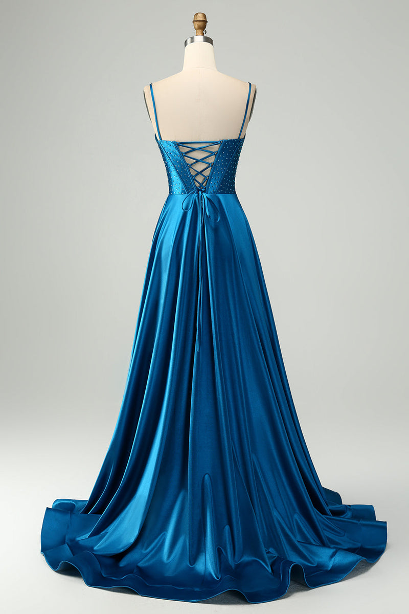 Load image into Gallery viewer, Sparkly Dark Blue A Line Pleated Corset Beaded Long Prom Dress With Slit