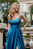 Sparkly Dark Blue A Line Pleated Corset Beaded Long Prom Dress With Slit