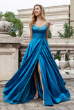 Sparkly Dark Blue A Line Pleated Corset Beaded Long Prom Dress With Slit