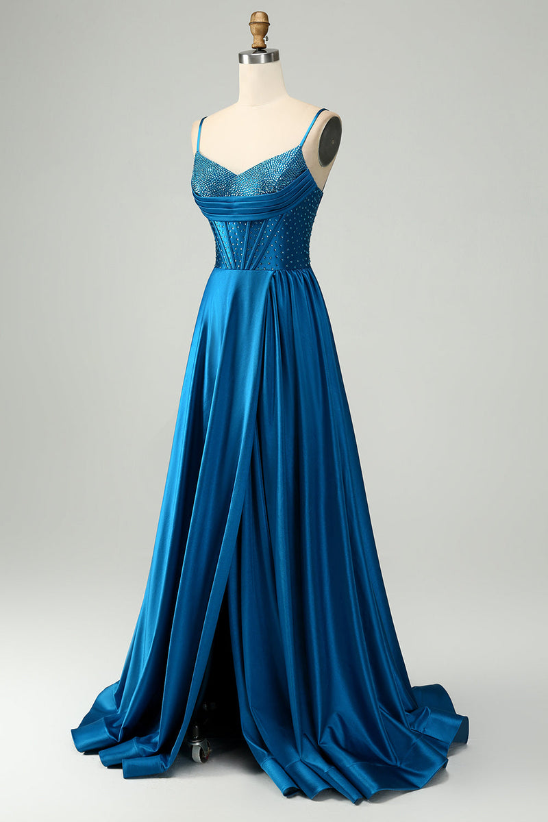 Load image into Gallery viewer, Sparkly Dark Blue A Line Corset Beaded Long Prom Dress With Slit