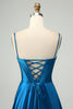 Load image into Gallery viewer, Sparkly Dark Blue A Line Corset Beaded Long Prom Dress With Slit