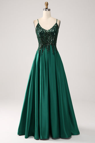 Dark Green A-Line Spaghetti Straps Long Prom Dress