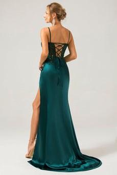 Sparkly Dark Green Mermaid Sequin Pleated Corset Long Prom Dress With Slit