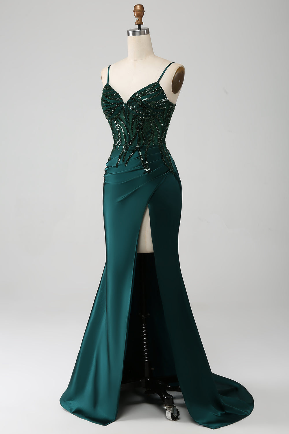 Dark Green Mermaid Evening Dress with Beadings and High Neck Split with Ruffles