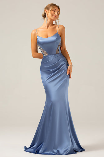 Mermaid Grey Blue Satin Spaghetti Straps Pleated Maxi Dress