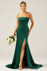 Load image into Gallery viewer, Dark Green Mermaid Spaghetti Straps Satin Long Bridesmaid Dress with Pleated