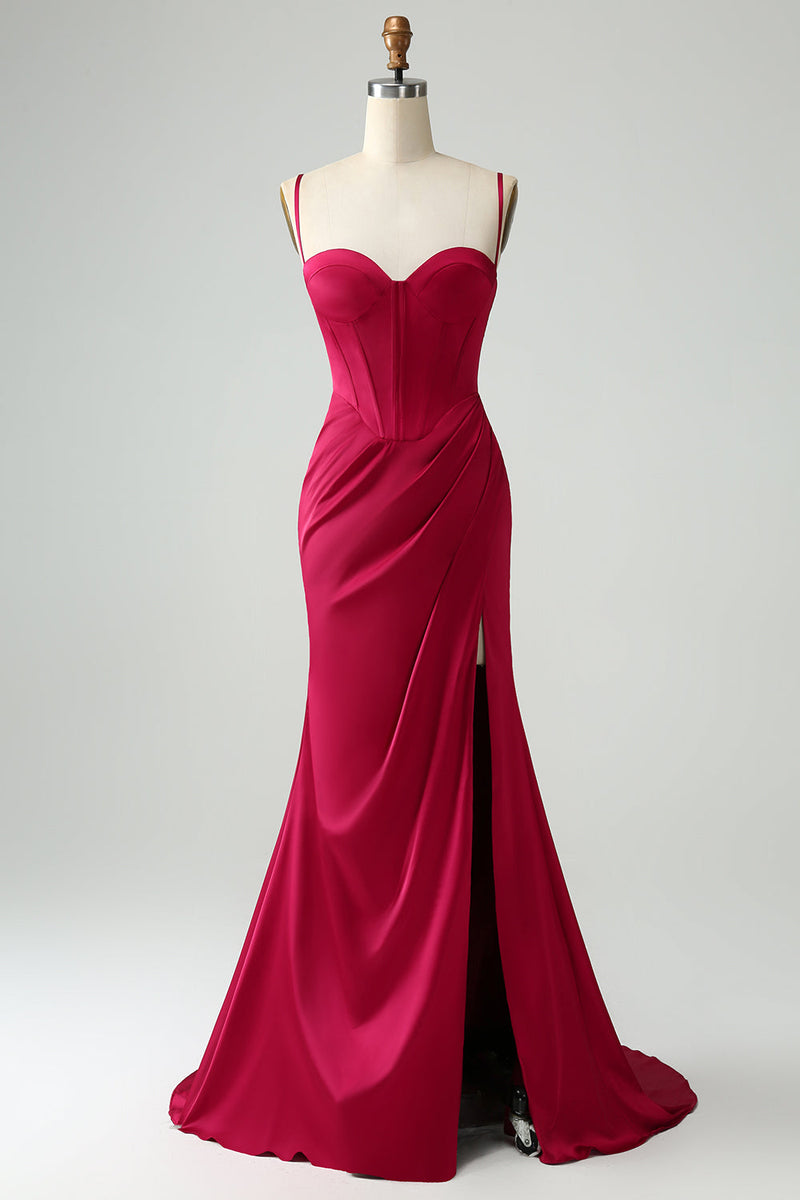 Load image into Gallery viewer, Burgundy Mermaid Spaghetti Straps Corset Long Prom Dress with Slit