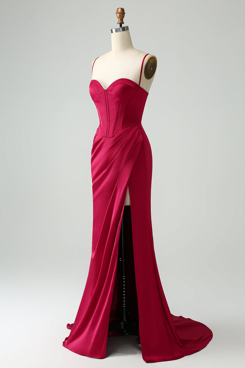 Load image into Gallery viewer, Burgundy Mermaid Spaghetti Straps Long Corset Prom Dress with Slit