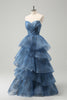 Load image into Gallery viewer, Grey Blue A-Line Embroidery Strapless Tiered Long Prom Dress